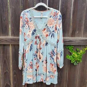 Floral Long Sleeve Dress with Lace Trim